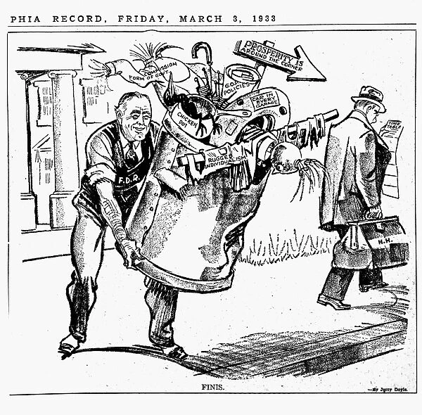 Cartoon depicting newly elected President Franklin Delano Roosevelt throwing out the trash of the departing Hoover administration. Drawing, 1933, by Jerry Doyle