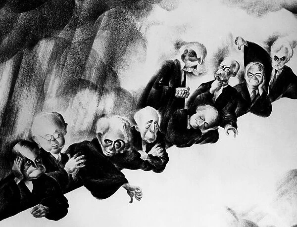 Cartoon depicting the newly expanded Supreme Court resulting from President Franklin Roosevelts signing of the Judiciary Reorganization Bill of 1937. From left: Justices Roberts, Butler, Van Devanter, Hughes, McReynolds, Sutherland, Stone, and Cardozo. Cartoon by Albert Hirschfeld