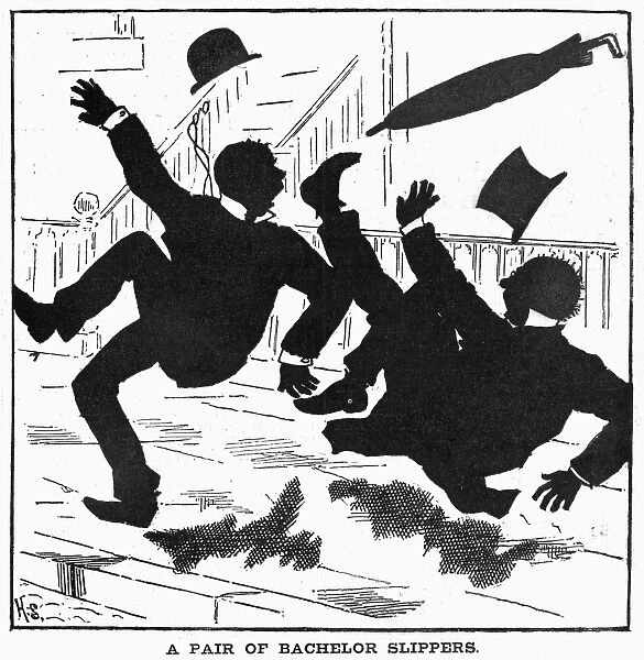 CARTOON: FALLING, 1879. A Pair of Bachelor Slippers. Cartoon, American, 1879