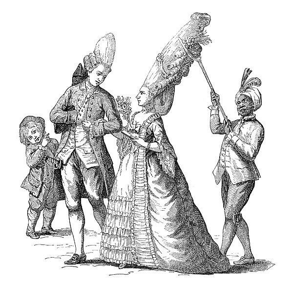 CARTOON: FRENCH FASHION. Late 18th century French caricature of the eccentric headgear