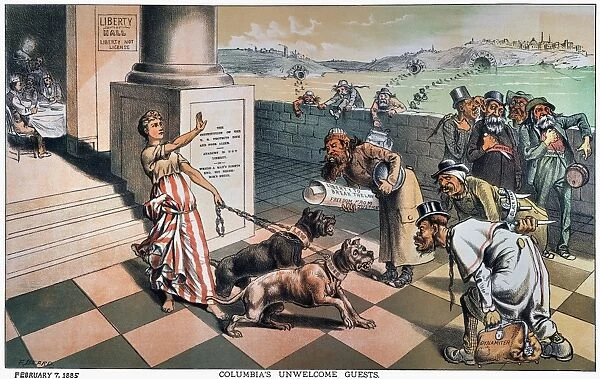 CARTOON: IMMIGRATION, 1885. Columbias Unwelcome Guests. American cartoon by Frank Beard, 1885, showing unrestricted U. S. immigration policies encouraging the arrival of anarchists, socialists, and the Mafia from the sewers of Italy, Russia, and Germany