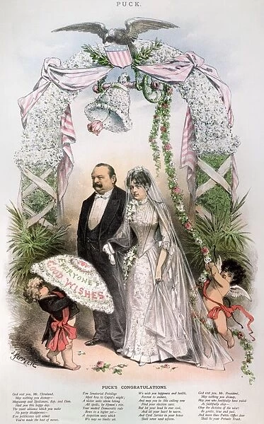 Cartoon by Joseph Keppler from Puck, 1886, congratulating President Grover Cleveland on his marriage to Frances Folsom