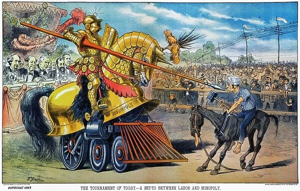CARTOON: MONOPOLIES, 1883. The Tournament of Today. American cartoon, 1883, depicting the unequal contest between labor and monopoly, the latter prominently supported by W. H. Vanderbilt, Cyrus W. Field, and Jay Gould