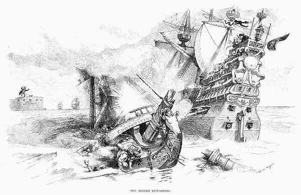 CARTOON: MONOPOLY, 1888. The Modern Buccaneers. Monopoly, in the form of a pirate ship
