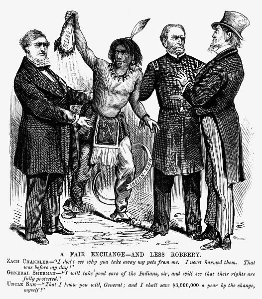 CARTOON: NATIVE AMERICANS, 1876. An 1876 cartoon on the transfer of the Bureau of Indian Affairs from the Interior Department to the Army