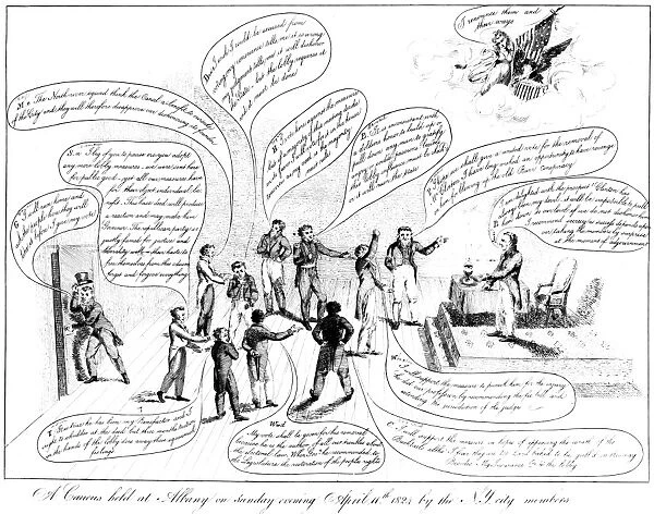 CARTOON: NEW YORK, 1824. A Caucus Held at Albany. Cartoon satirizing the duplicity