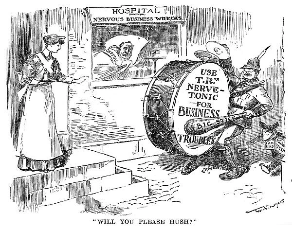 Cartoon about President Theodore Roosevelts policies toward business. From the New York Herald, c1908