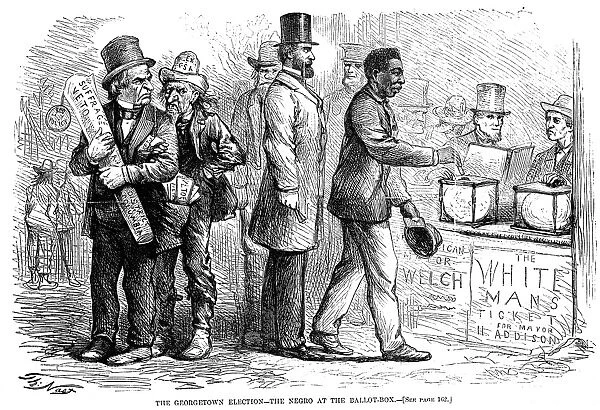 CARTOON: RECONSTRUCTION. The municipal election held at Georgetown, District of Columbia. Wood engraving, 1867, after a drawing by Thomas Nast