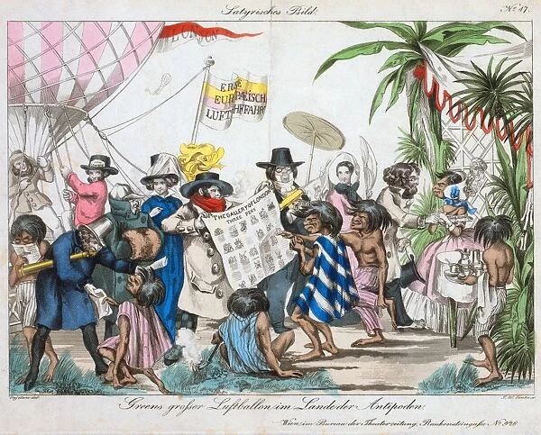 Cartoon satirizing the intended trans-Atlantic balloon voyage of Charles Green by showing his arrival among the Maori in the Antipodes Islands in the Pacific Ocean. Hand-colored etching, Austrian, mid 19th century