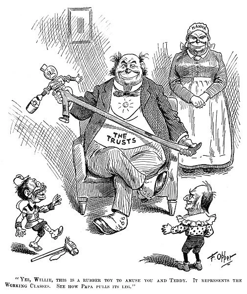 From the cartoon series Willie and His Papa, by Frederick Burr Opper, which appeared in William Randolph Hearsts New York Journal, 1900-01, depicting President William McKinley as the captive of the trusts and of Senator Mark Hanna (Nursie)