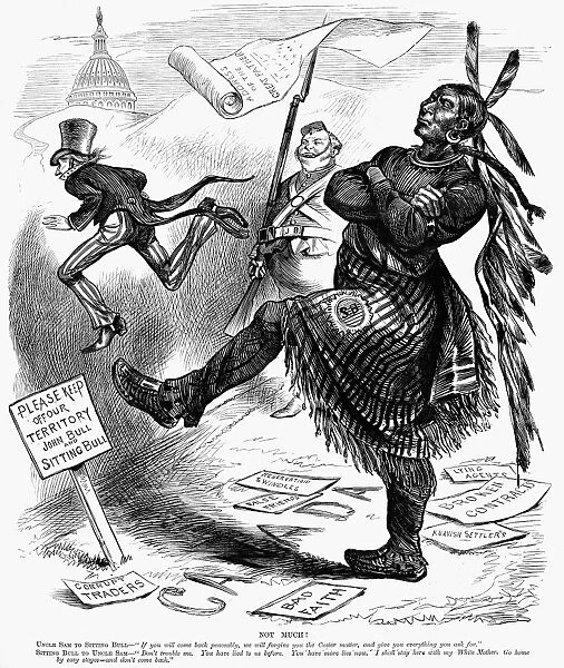 CARTOON: SITTING BULL. American newspaper cartoon, 1877, on the flight of Sitting Bull