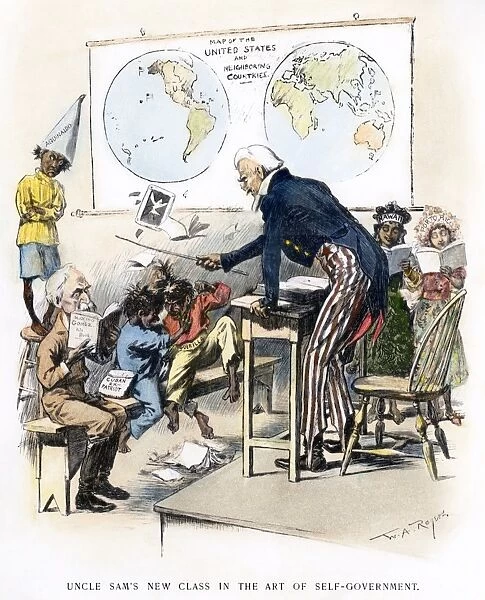 CARTOON: SPANISH-AMERICAN WAR, 1898. The United States, as Uncle Sam the school teacher