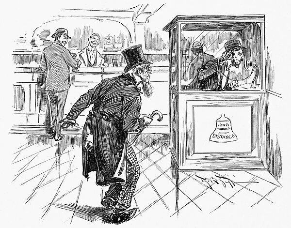 CARTOON: TELEPHONE, 1895. Not Acquainted with the Long-Distance Telephone Apparatus