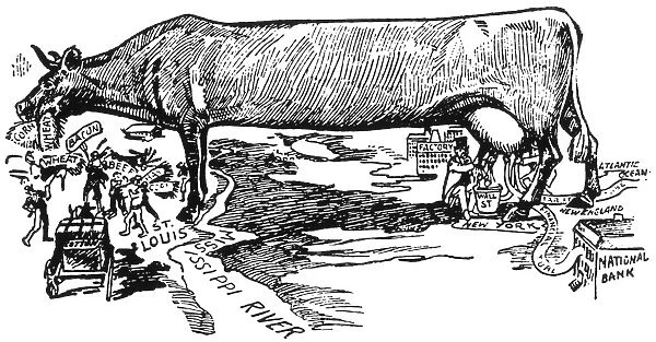 CARTOON: U. S. FARMING 1896. The Great American Cow: an American newspaper cartoon of 1896 showing Western and Southern farmers feeding the great American cow, while all the milk goes into Wall Streets pail
