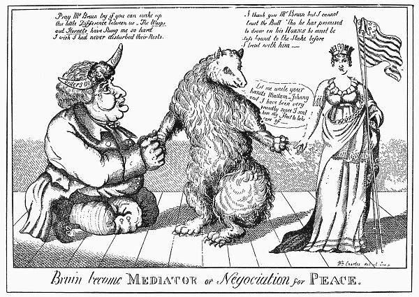 CARTOON: WAR OF 1812. Bruin become Mediator: or, Negociation for Peace. Russia (bear) attempting to broker peace between Britain and the United States shortly after the outbreak of the War of 1812, in order to protect Russias trade interests with America. Contemporary cartoon engraving by William Charles