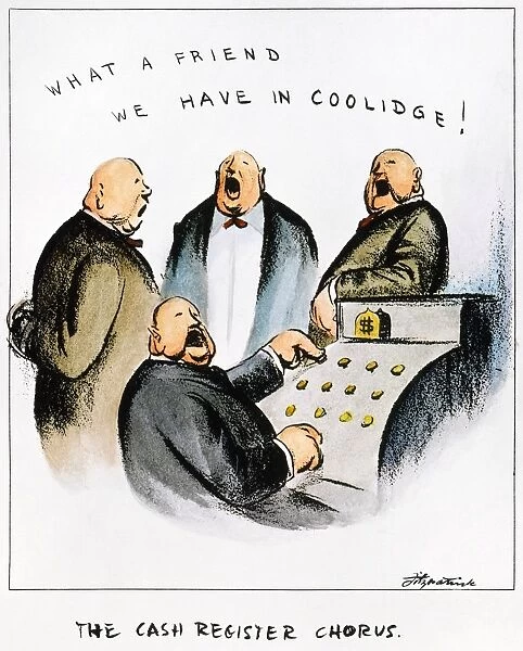 The Cash Register Chorus. American cartoon by D. R. Fitzpatrick, 1924, on the popularity of President Calvin Coolidges laissez-faire policies with American business leaders