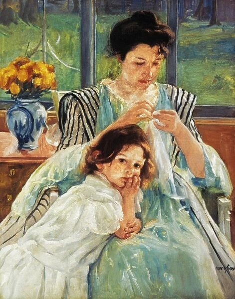 CASSATT: MOTHER SEWING. Young Mother Sewing. Oil on canvas, 1902, by Mary Cassatt