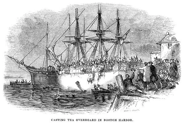 Casting tea overboard in Boston Harbor, 16 December 1773. Wood engraving, American, 1851