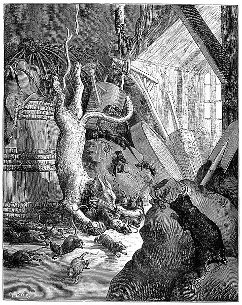 CAT AND THE OLD RAT, 1868. Wood engraving after Gustave Dor