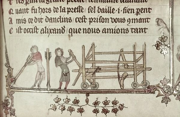 CATAPULT, 14th CENTURY. Military engineers with a catapult