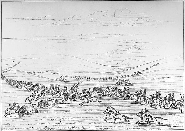 CATLIN: BUFFALO HUNT. Comanche chasing buffalo through the dragoons. Line engraving, 1844, after George Catlin