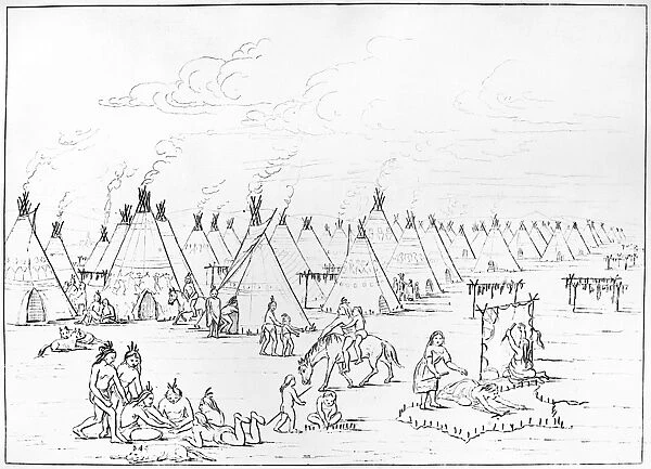 CATLIN: COMANCHE VILLAGE. A view of a Comanche village on the Great Plains, showing women dressing robes near racks of drying meat. Line engraving, 1844, after George Catlin
