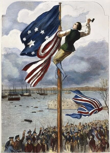 Celebrating the British evacuation of New York, 25 November 1783, by hoisting the American flag at New York Harbor. American engraving, 19th century