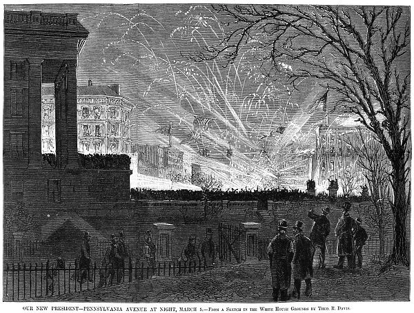 Celebrations on Pennsylvania Avenue, Washington, D. C. following the presidential inauguration of Rutherford B. Hayes, 5 March 1877. Wood engraving from a contemporary American newspaper