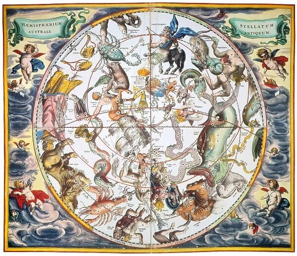 CELESTIAL PLANISPHERE, 1660. Celestial planisphere of the southern hemisphere from Andreas Cellarius Atlas Coelestis seu Harmonia Macrocosmica published, 1660, in Amsterdam