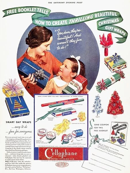CELLOPHANE, 1937. American magazine advertisement, 1937, giving ideas of how to use DuPonts product Cellophane for packaging