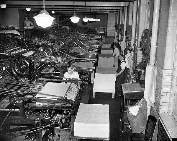 CENSUS PRINTING, 1937. Unemployment census questionnaires being printed at the