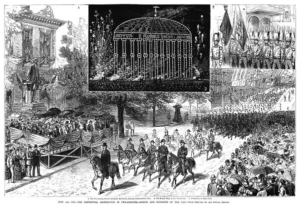 CENTENNIAL FAIR, 1876. Parade passing Independence Hall in Philadelphia, Pennsylvania