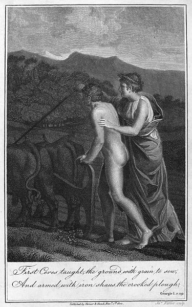 CERES AND TRIPTOLEMUS. Ceres (Demeter in Greek mythology) teaches Triptolemus to plough. Steel engraving, English, from an 1802 edition of John Drydens translation of Virgils Aeneid
