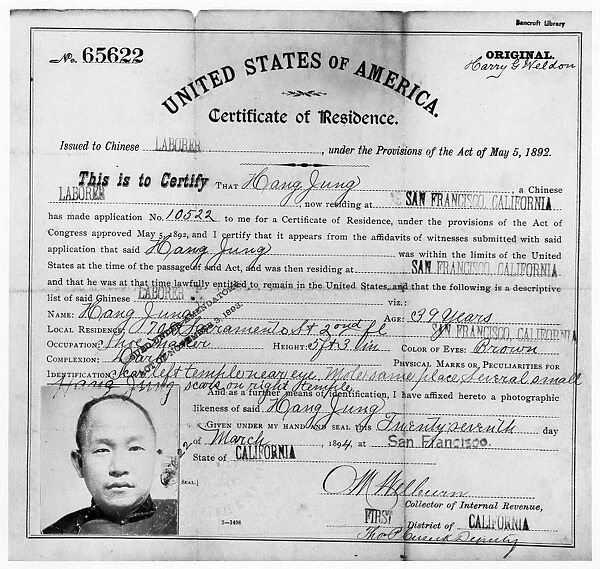 CERTIFICATE OF RESIDENCE. Certificate of Residence for Hang Jung, a Chinese immigrant