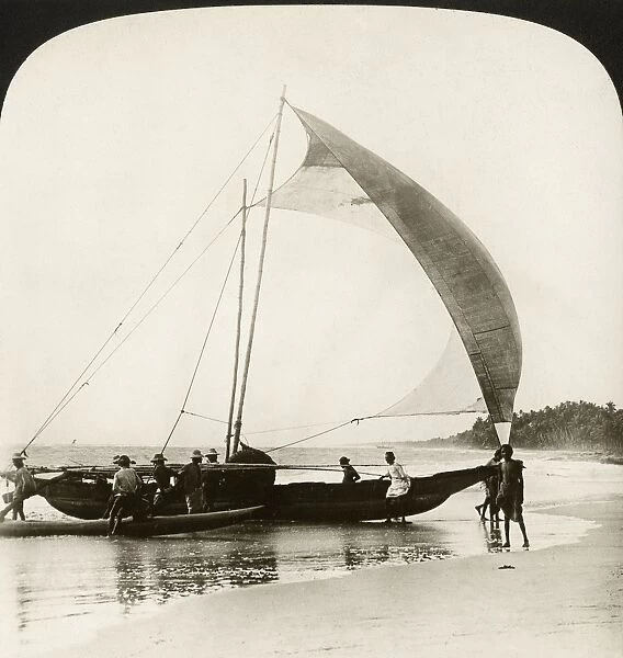 CEYLON: SAILING, 1907. Beaching a catamaran - through the surf at full sail, Wellawatta, Ceylon