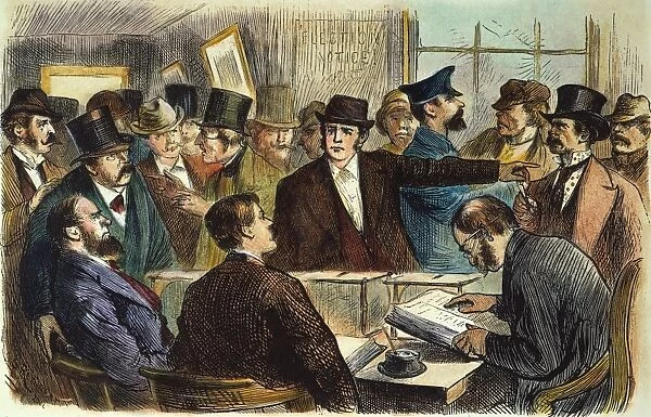 CHALLENGING A VOTER, 1872. A prospective voter being challenged at the polls in Ohio in 1872. Contemporary colored engraving