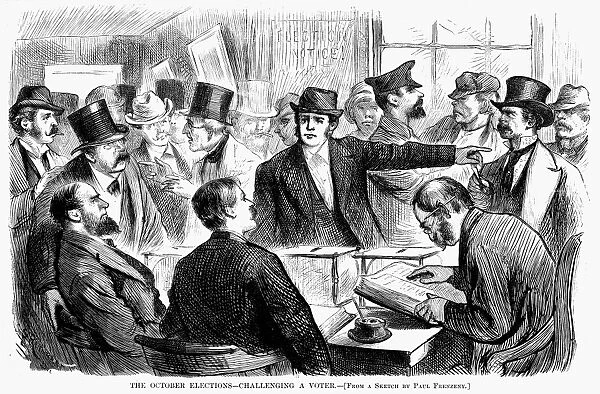 CHALLENGING A VOTER, 1872. A prospective voter being challenged at the polls in Ohio in 1872. Wood engraving from an American newspaper of 1872