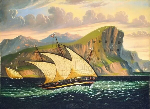 CHAMBERS: GIBRALTAR. Felucca off Gibraltar. Oil on canvas by Thomas Chambers