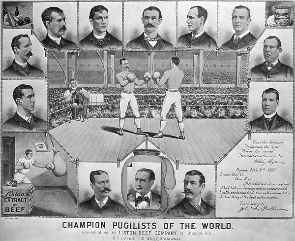 Champion pugilists of the world, presented by the Liston Beef Company of Chicago. John L. Sullivans portrait is to the left of the text. Lithograph, 1885
