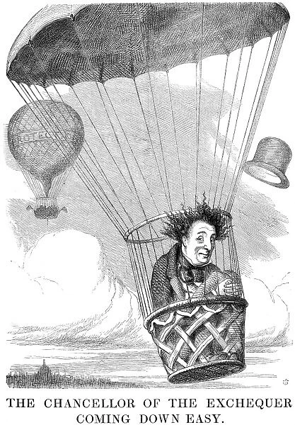 The Chancellor of the Exchequer coming down easy. Cartoon from Punch (London), 1852, depicting Benjamin Disraeli, 1st Earl of Beaconsfield
