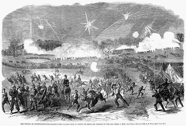 CHANCELLORSVILLE, 1863. Couchs Corps Forming Line of Battle to Cover the Retreat of the 11th Corps, 2 May 1863, at the Battle of Chancellorsville in the American Civil War. Wood engraving from a contemporary American newspaper after a field sketch by Alfred R. Waud