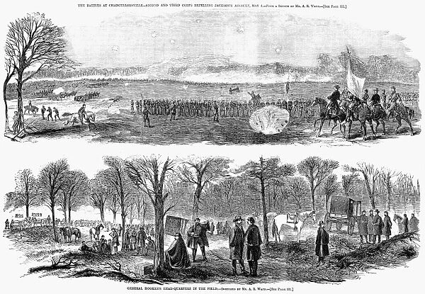 CHANCELLORSVILLE, 1863. Union Army General Joseph Hookers headquarters and a scene from the American Civil War Battle at Chancellorsville, Virginia, 2-4 May 1863. Wood engraving from a contemporary American newspaper after field sketches by Alfred R. Waud