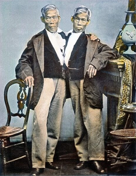 CHANG AND ENG (1811-1874). The original Siamese Twins. Oil over a photograph by Mathew B