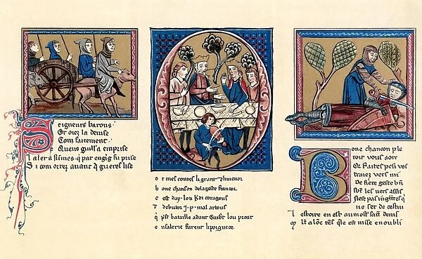 CHANSON DE GESTE. Left: Guillaume, dressed as a merchant, conquers Nimes. Center: Guiberts wedding. Right: Outside of Paris, Guillaume kills the giant, IsorÔÇÜ. Illuminations from 13th and 14th century manuscripts of the Chanson de Guillaume d Orange