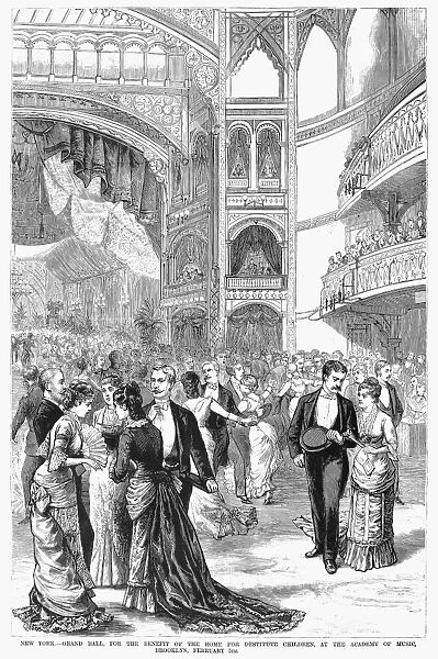CHARITY BALL, 1880. Grand ball for the benefit of the Home for Destitute Children, at the Academy of Music in Brooklyn. Wood engraving, American, 1880