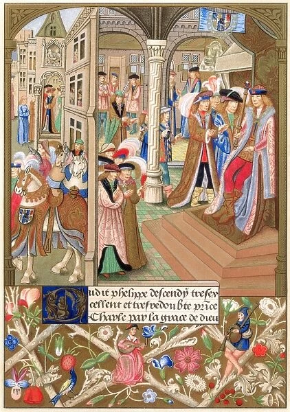 CHARLES THE BOLD (1433-1477). Last duke of Burgundy. On his throne, with his entourage of barons and advisers: miniature from the 15th century manuscript of the Chroniques abregees de Bourgogne
