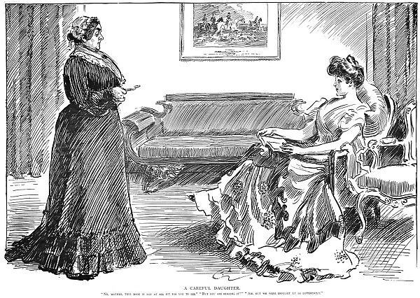 Charles Dana Gibson (1867-1944). American illustrator. No, mother, this book is not at all fit for you to see. But you are reading it! Ah, but we were brought up so differently. Pen and ink drawing, 1904