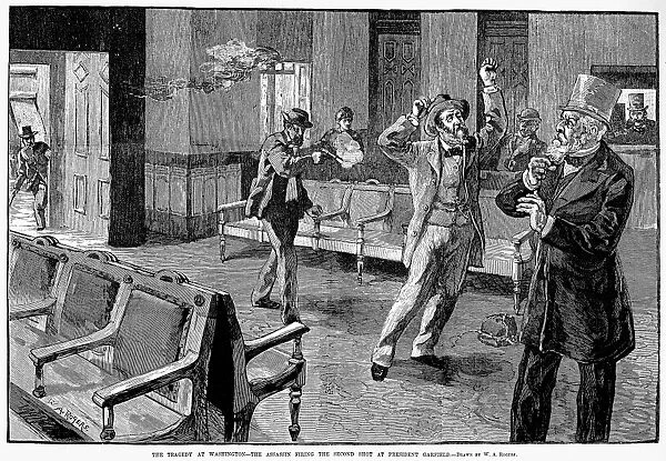 Charles J. Guiteau shooting President James A. Garfield at the old Baltimore & Potomac Rail Road station in Washington, D. C. on 2 July 1881. At right is Secretary of State James G. Blaine. Contemporary engraving