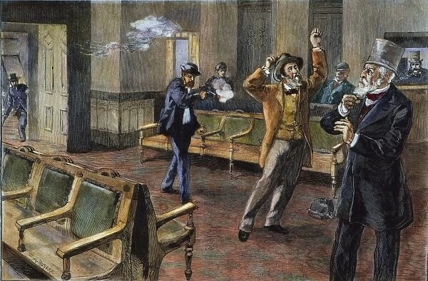 Charles J. Guiteau shooting President James A. Garfield at the old Baltimore & Potomac R. R. station in Washington, D. C. on 2 July 1881;at right is Secretary of State James G. Blaine: contemporary colored engraving
