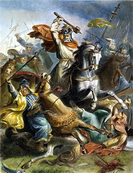 CHARLES MARTEL (c688-741). Frankish ruler, Duke of Austrasia, 715-741. Charles Martel defeating the caliphs army under Abd-er-Rahman at Tours, France, 732. Steel engraving, 19th century, after Georg Bleibtreu